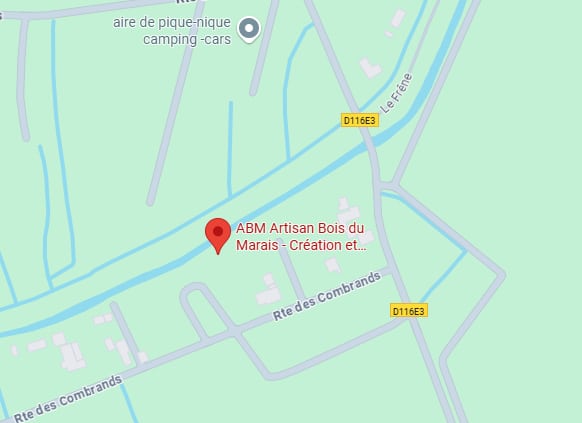 Carte de localisation d'ABM Artisan Bois du Marais, avec pin rouge. Routes D116E3, Rte des Combrands, Le Frêne et aire de pique-nique.