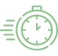 Horloge ou chronomètre vert stylisé avec des lignes de mouvement, symbolisant la vitesse, la rapidité et l'efficacité.