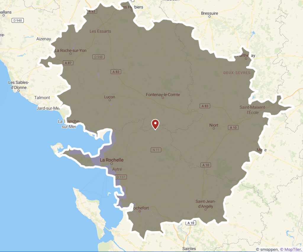 Carte ouest France: zone délimitée Charente-Maritime, Vendée, Deux-Sèvres. Marqueur rouge près de Fontenay-le-Comte. Villes: La Rochelle, Niort.