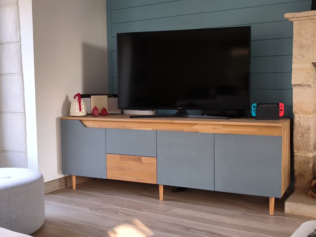 Meuble TV moderne bois clair et gris bleu