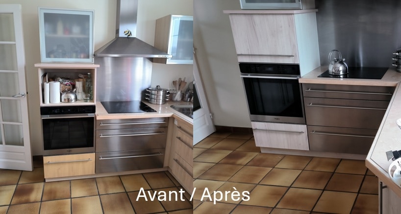 Rénovation de cuisine moderne : transformation Avant / Après Rénovation de cuisine moderne montrant le résultat Avant / Après avec four encastré et meubles en bois clair.