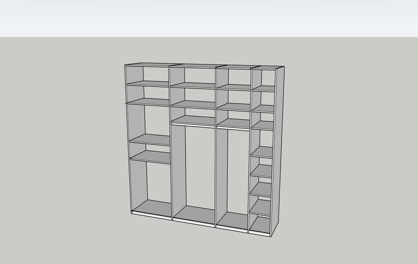 Modèle 3D d'un dressing sur mesure blanc et gris avec penderies et nombreuses étagères de rangement.