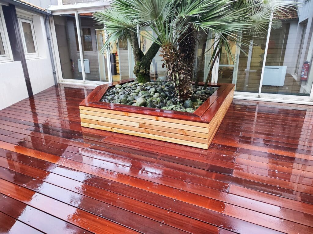 Terrasse de 35m² en bois exotique mouillée avec une jardinière centrale moderne abritant un grand palmier vert.